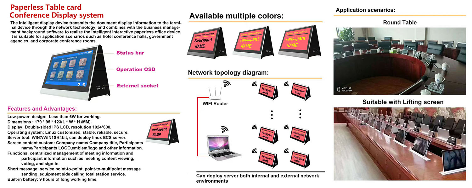 Meeting panel, table card display, double screen with 7inch LCD, network update content