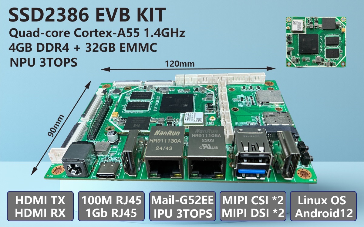 SSD2386 Development Kit | Quad-Core Cortex-A55, 3TOPS NPU, HDMI-Rx HD Input & AV Codec, Android Support, Accelerating AI Processing & Multimedia Development